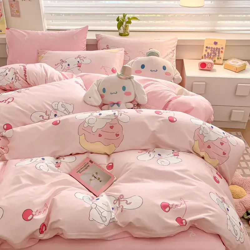 

Sanrio Kuromi Cotton 4-Piece Set Kawaii Anime Cinnamoroll My Melody Pochacco Cartoon Bed Sheet Set Dormitory Gift for Kids