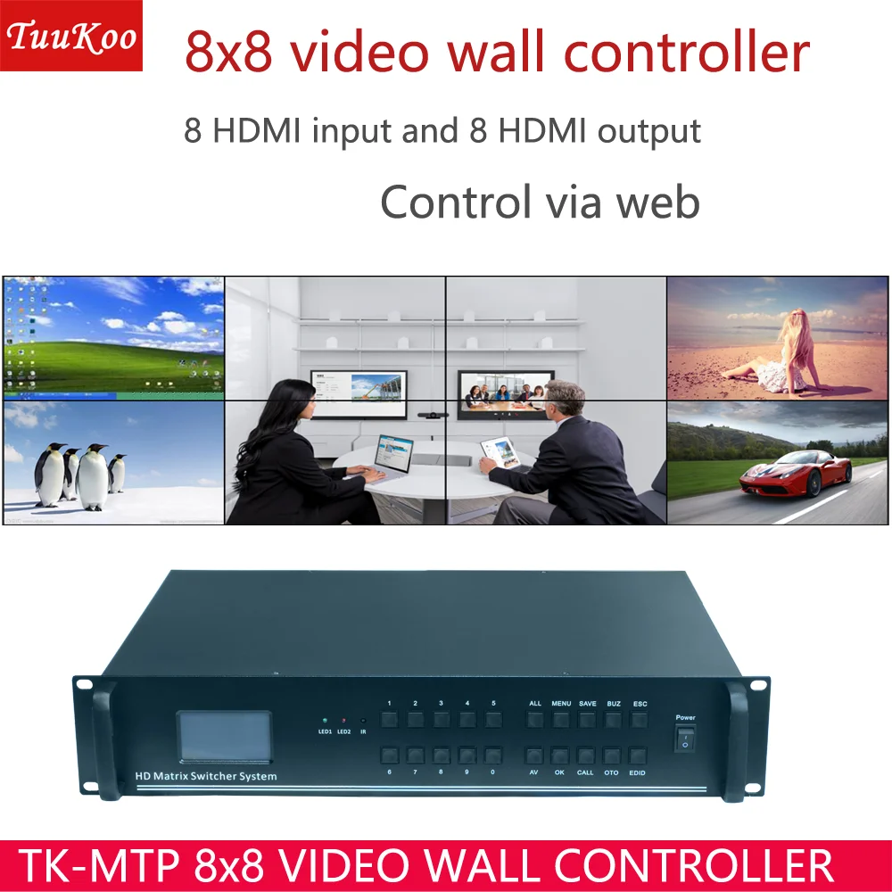 

8x8 video wall controller,8x8 Matrix seamless Switcher，8 HDMI inputs and 8 HDMI outputs controlled via web and RS-232，TK-MTP0808