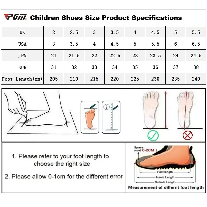 PGM Golf Kids Sport Shoes with 3D Breathable Groove Waterproof Breathable Anti-Sideslip Sneakers for Boys Girls Children