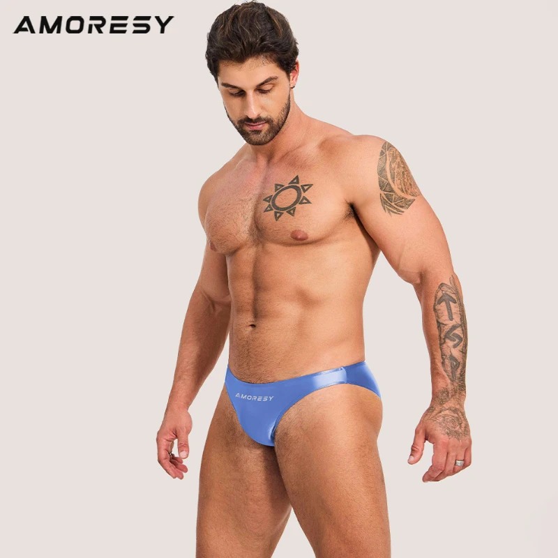 AMORESY-Ultra Low Waisted Swimming Trunks for Men, Smooth Briefs, Silk Briefs, Sexy Sports Beach Pants, Odorless, Monochromatic