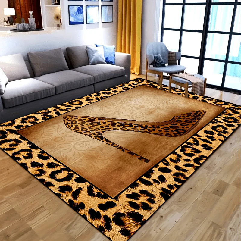 Leopard Print High Heel Flannel Rug Non-Slip Absorbent Fashion Style Large Area Carpet for Living Room Bedroom Home Decor