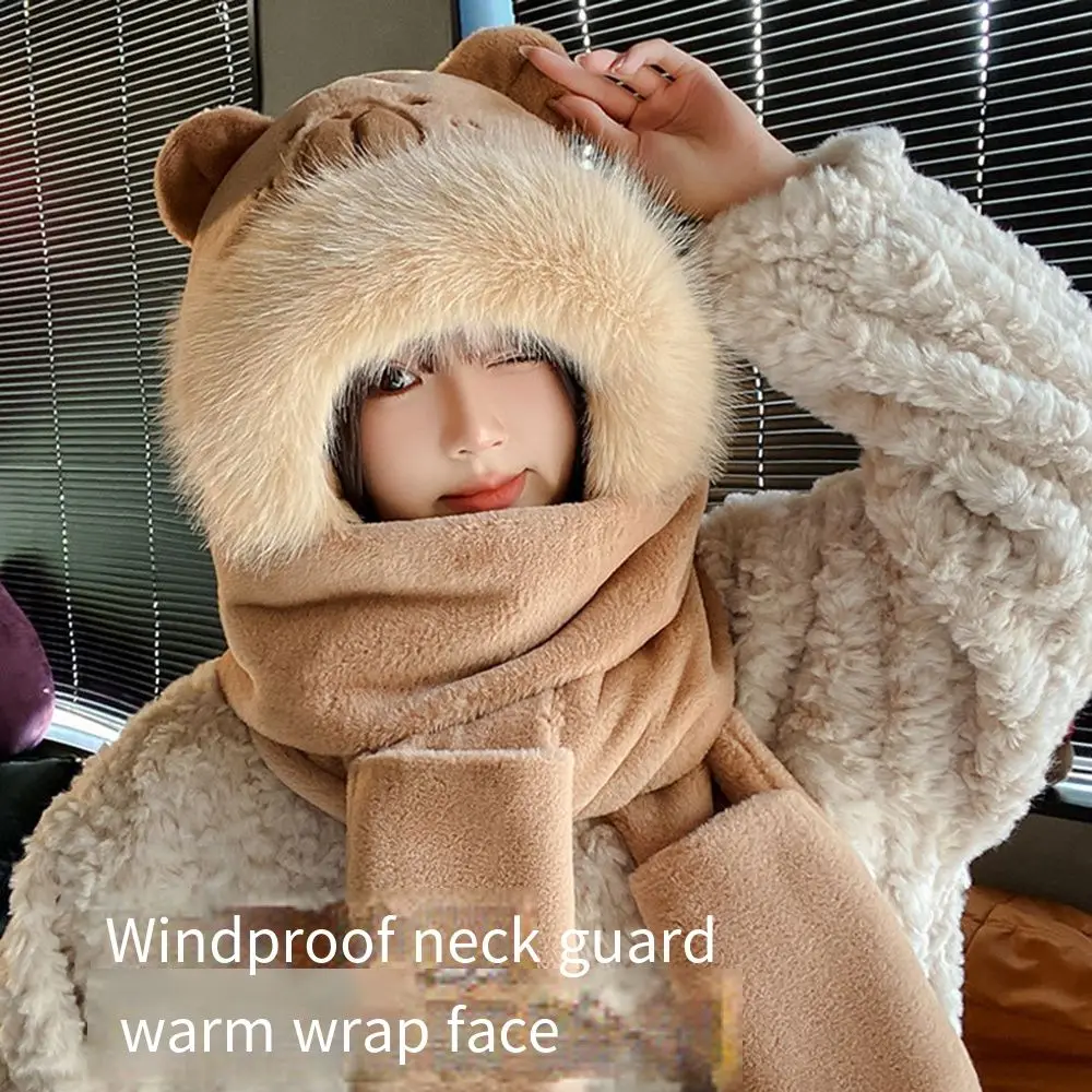 Earmuff 3 in 1 Capybara Hat Scarf Set Cartoon Warm Furry Scarf Cap Set Ear Protection Panda Scarf Hat Glove for Women Winter