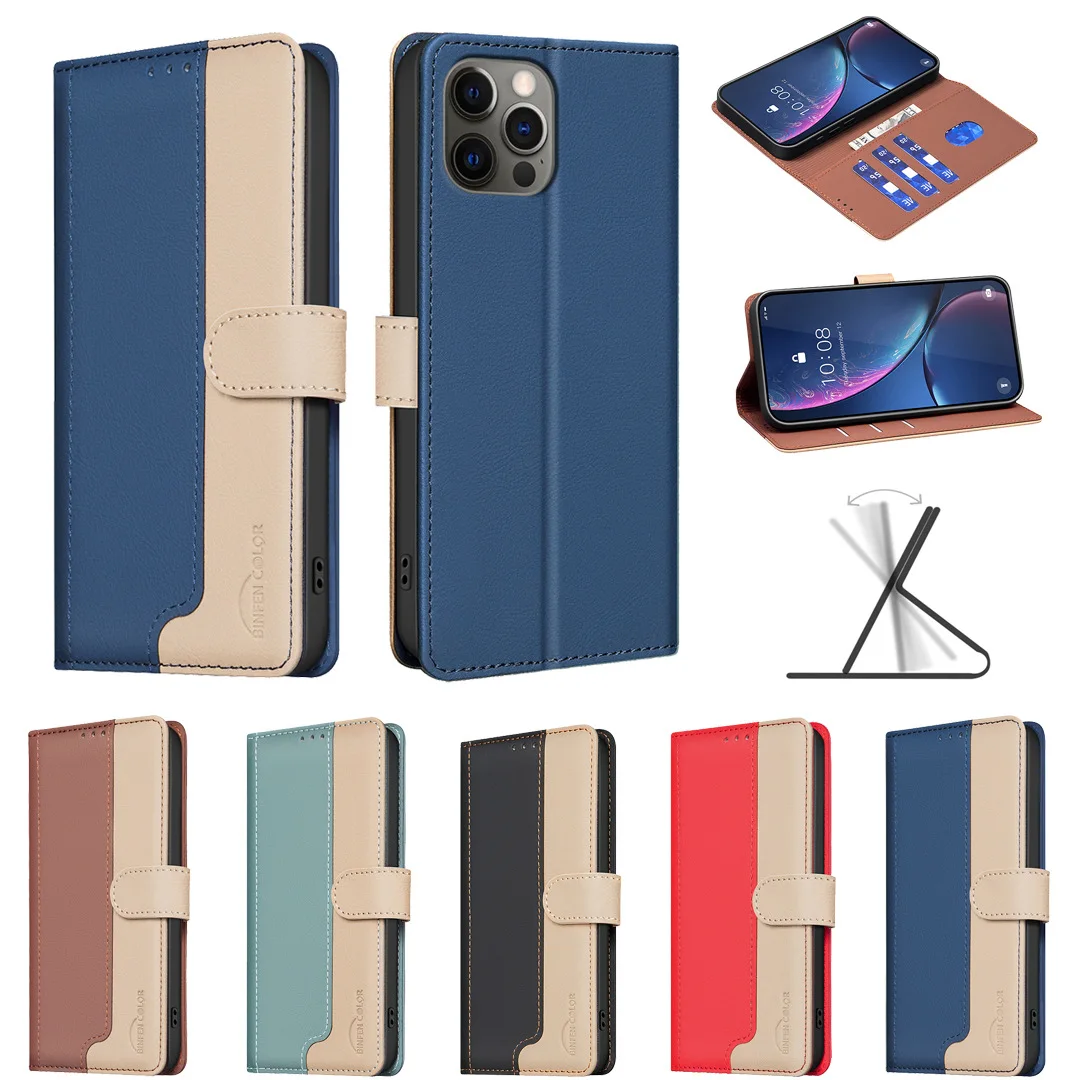 

Contrast Color Flip Phone Cover For iPhone 16 15 Pro Max 14 13 12 Pro 11 XS Max XR 6 7 8 Plus SE4 With Built In Wallet Card Slot