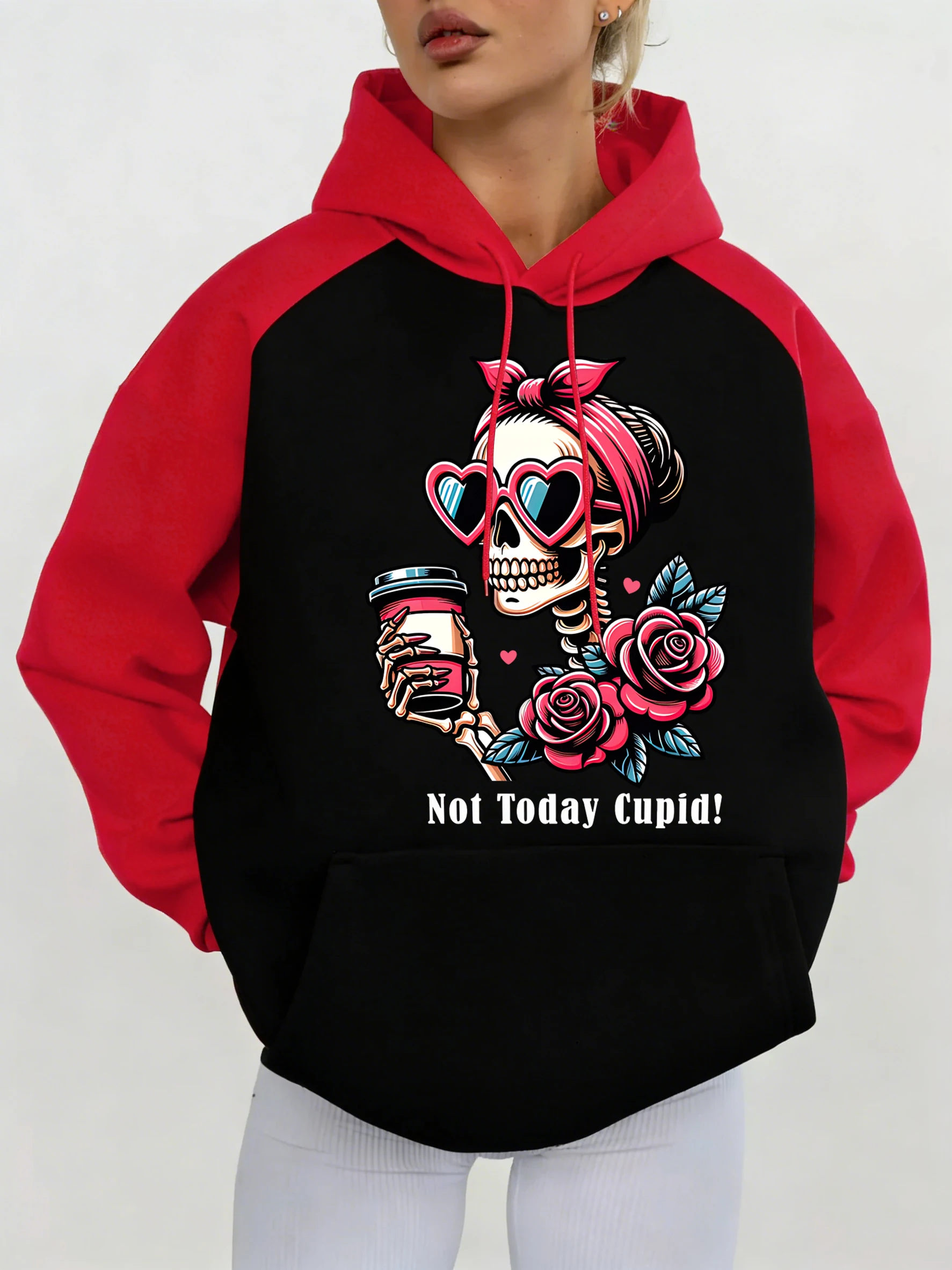 

Женские худи с принтом Not Today Cupid Rose Skulls, осенние флисовые толстовки с рукавами реглан, модная свободная спортивная одежда в стиле хип-хоп с карманами