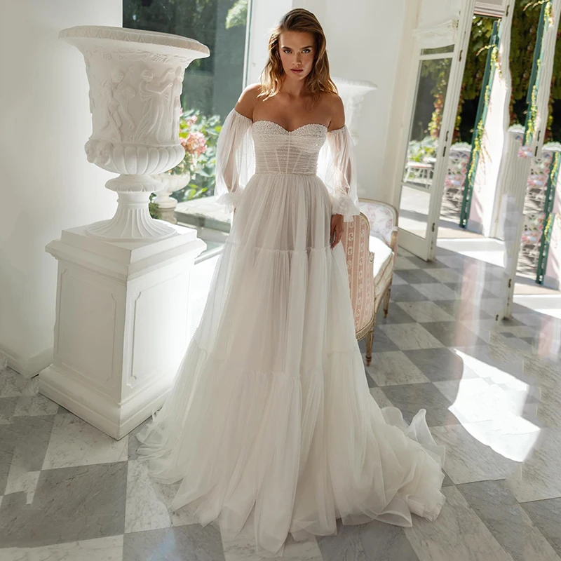 

Eightree Women A-Line Wedding Dresses Boho Sweetheart Beadings Puff Sleeve Bridal Dress Elegant Wedding Prom Gowns Custom Size