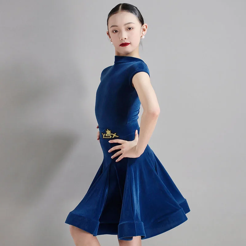 Retro Blue Color Velvet Latin Dance Clothes Girls Competition Dress Short Sleeves Kids Cha Cha Ballroom Dance Dress  DNV20422