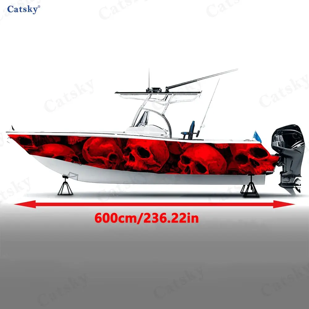 2Pcs Scarlet Skull Edgy Boat Stickers, PVC Waterproof Durable Vinyl Wrap Decals for Fishing Boats, Durable and Stylish Design