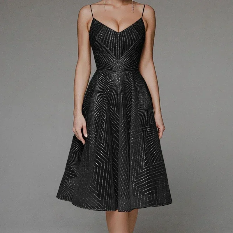 Big Swing Sexy Ball Dress Women Strap Maxi Dress Robe Trapeze High Waist Embroidered Sleeveless A-line Dress Backless