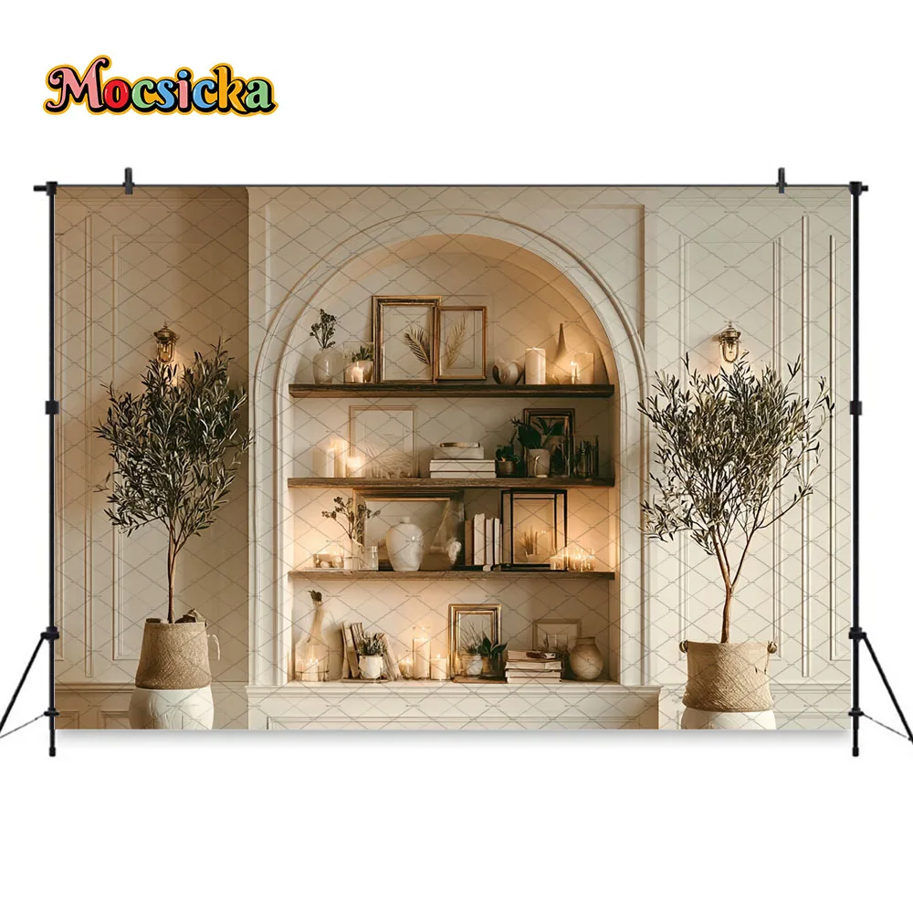 Mocsicka Photography Background Rustic Arch Shelf Boho Home Library Backdrop Family Portrait Mother's Day Photoshoot Studio view 2
