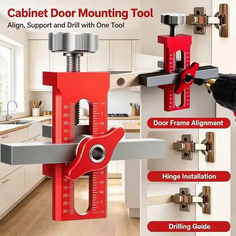 YYM 2‑in‑1 Cabinet Door Installation Jig Kit With 6/8/10mm Drill Bits Rebounder Punch Locator Woodworking Cabinet Panel Mounting