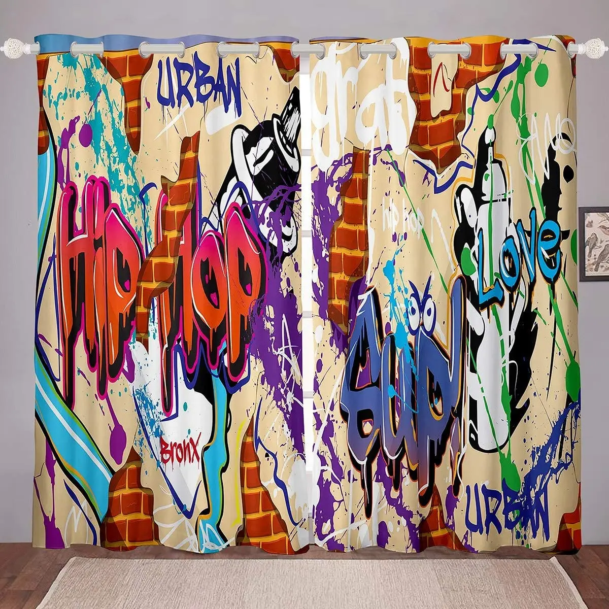 

Hip Hop Windows Drapes Hip Hop Street Culture Curtains for Bedroom Living Room for Young Man Graffiti Pattern Curtains