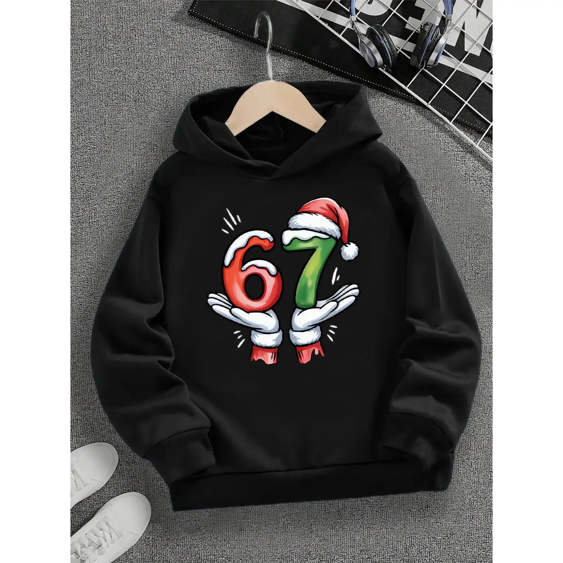 Children Christmas Hoodies 67 Elf Hands Print Hooded Tops Kids Winter Long Sleeve Sweatshirts Boys Girls Holiday Outfit