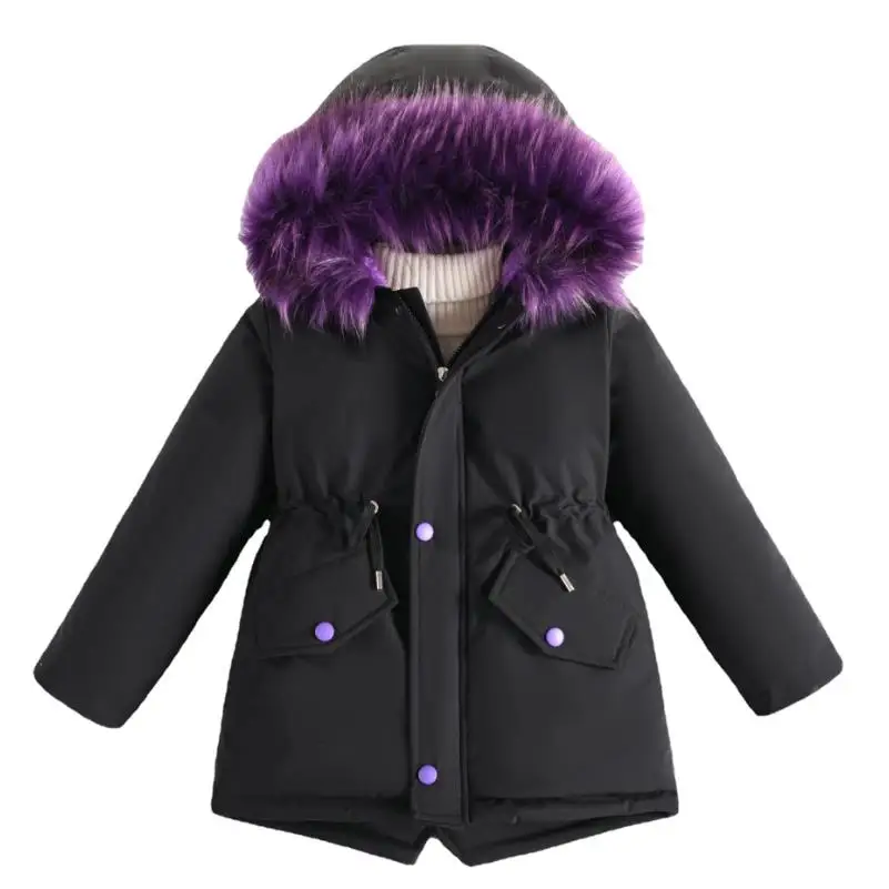 Children's winter cotton coat girls' thick plush solid color hooded keep warm coat medium large children's Parker clothing