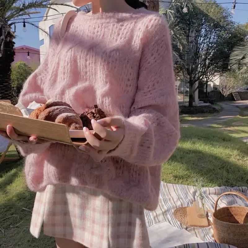 Pink Mohair Hollowed Out Pullover Sweater for Women Spring Autumn Loose Sweet Elegant Fariy Knitted Sweater Kintwear Tops Femme