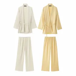 Women's loose pleated casual wide-leg pants kimono style tops retro long-sleeved tie shirt suit chic tops 2-piece set 2025