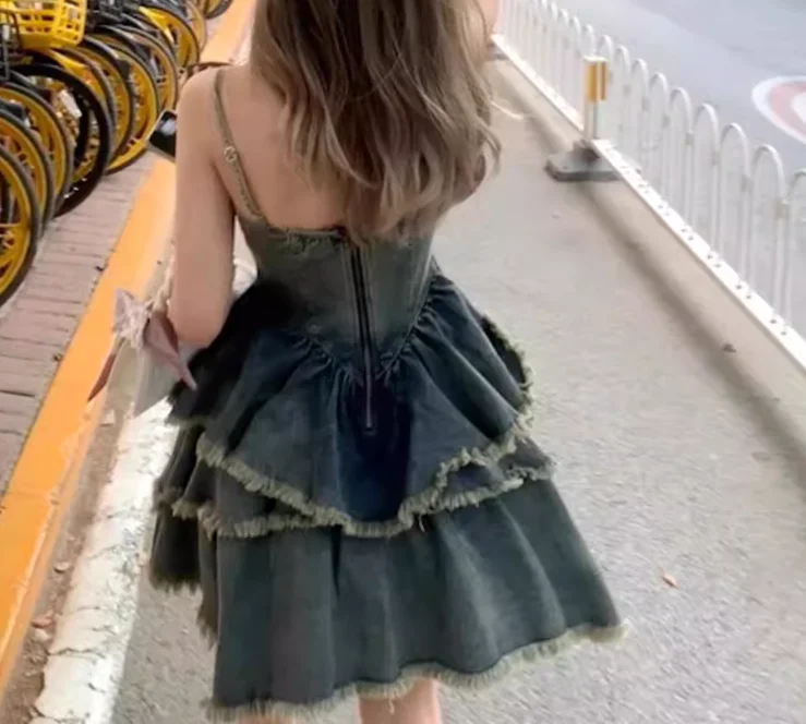 فستان نسائي صيفي كبير الحجم أزرق عتيق من قماش الدنيم الجامعي فستان بحمالات على الموضة بخصر عالٍ على شكل حرف a لتخفيض العمر فساتين كعكة كورية #6