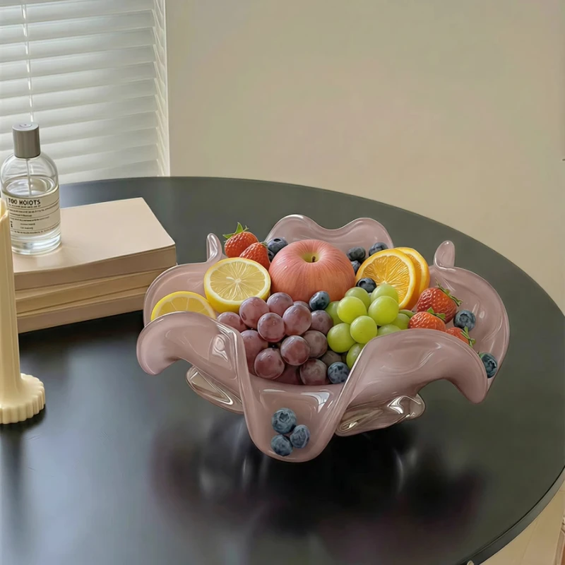 Plato de frutas de vidrio hecho a mano, color rosa, con forma de flor de cerezo, súper hermoso, adornos exquisitos para la sala de estar, artículos para el hogar.