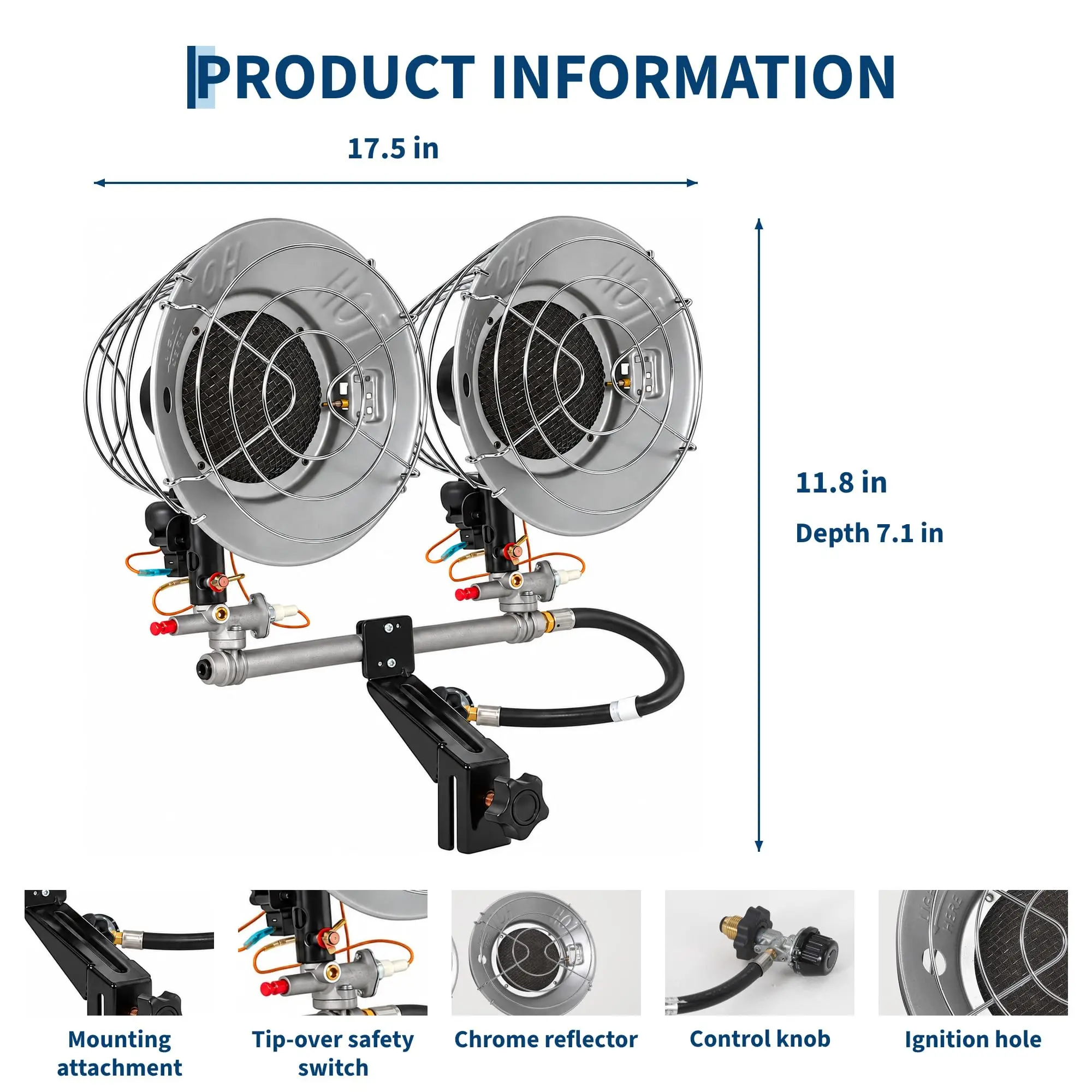 30000 BTU Dual Head Propane Tank Top Heater, 3 Heat Settings, Safety Shutoff, For 20 lb Tanks, Outdoor Camping & Jobsite Radiant Heater
