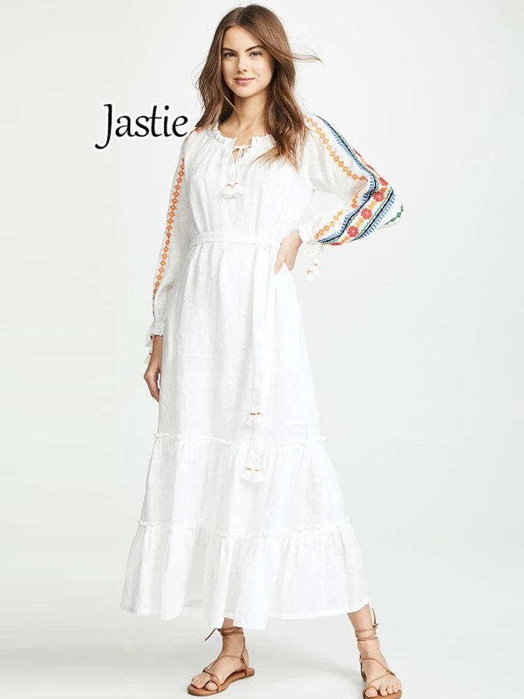 

Jastie 2024 Spring Summer Dresses Women Embroidery Long Sleeve V-Neck Dress Boho Casual Long Dress Robe Beach Female Vestidos