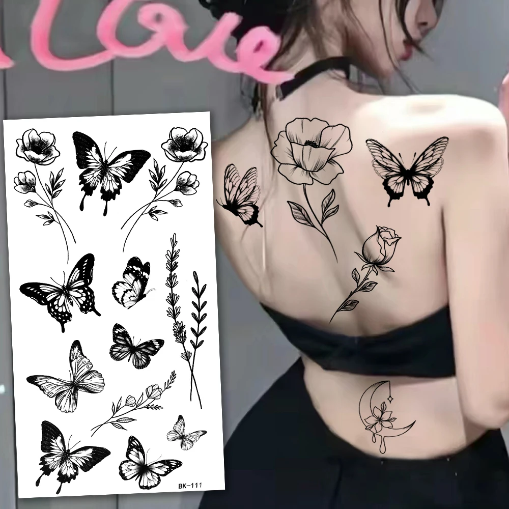 Butterfly Fake Tattoo Sticker Waterproof Rose Blossom Tattoo Temporary Stickers Body Art Decoration Sweatproof DIY Tatoo Sticker