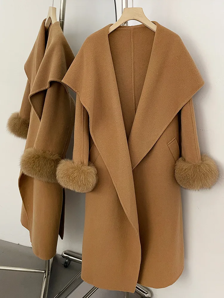 معطف نسائي أنيق من مزيج الصوف من ZMEENNA مع ياقة شلال وحزام ربط قابل للفصل وأصفاد من الفرو ملابس خارجية شتوية ZM4711