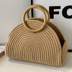 Summer Woven Beach Bag for Women Chic Cotton Rope Clutch Purse Handbag Holiday Raffia Travel Top Handle Hand Bag for Vacation