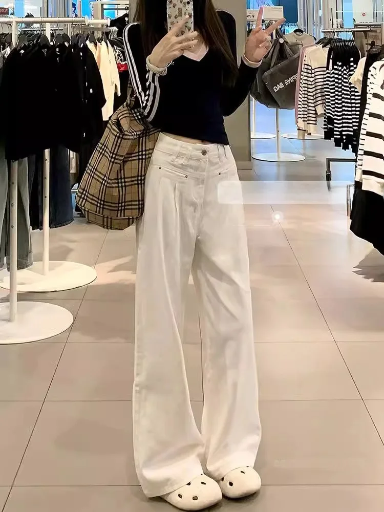 

Белые джинсовые джинсы с высокой талией, женские весенние новые утягивающие брюки американского дизайна, широкие брюки Nine Points XS, маленький размер