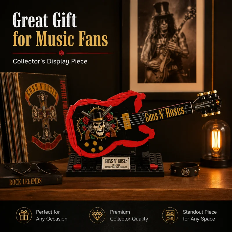 Guns N Roses Electric Guitar Building Blocks Set Rock Band Skull Rose Guitar Model Bricks With Display Stand Collectible
