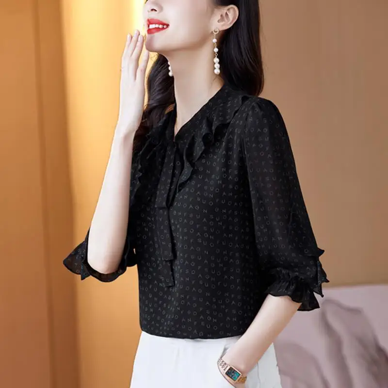 2024 Summer Women Korean Fashion Ruffles Lace Up Elegant Blouses Casual Letter Print V Neck Shirts Female Half Sleeve Loose Tops