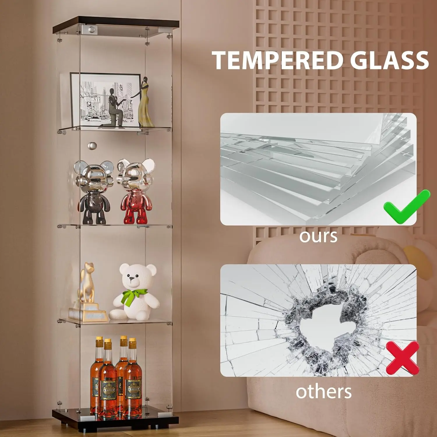 Glass Display Cabinet with Door and Lock, Quick-Install Style 4-Shelf Curio Cabinet 5mm Tempered Glass Floor Standing Bookshelf - view 6