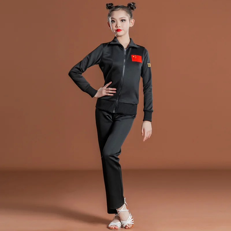 Terno de dança latina personalizado, vestido de prática para meninas, competição profissional, vestido escolar, uniforme de manga comprida, calças superiores