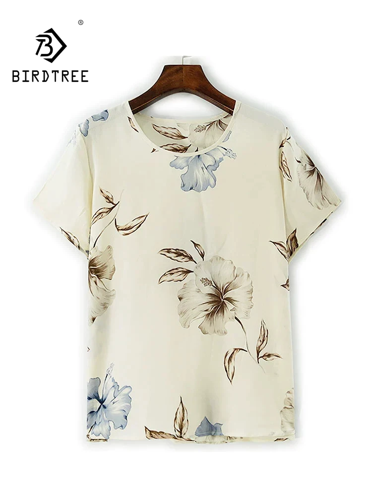 

BirdTree-Silk Double Crepe Elegant T-Shirt, Short Sleeve Floral Print, Women Temperament Casual Loose Top, 2025 Winter T5D230CC