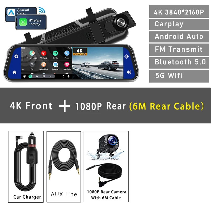 10 "Dash Cam 4K 3840*2160P Auto Dvr Carplay Android Auto GPS 5G WIFI AUX Stream rückspiegel Dashcam Kamera Stick Recorder FM