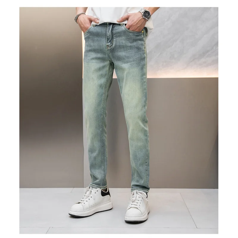 Jeans high-end azul e verde retrô masculino, versátil casual, justo, esticado reto pequeno, luxo acessível, estilo coreano, longo, 2024