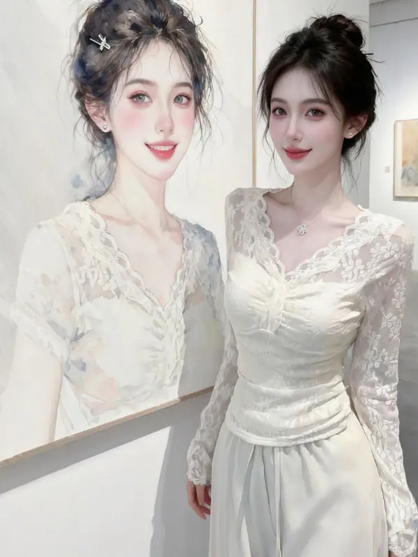 

Pure Desire Sexy V-ne Lace Top Slim Fit Inner Wear Base irt Spring Design Sensual Girl Long Sve Lace irt Women