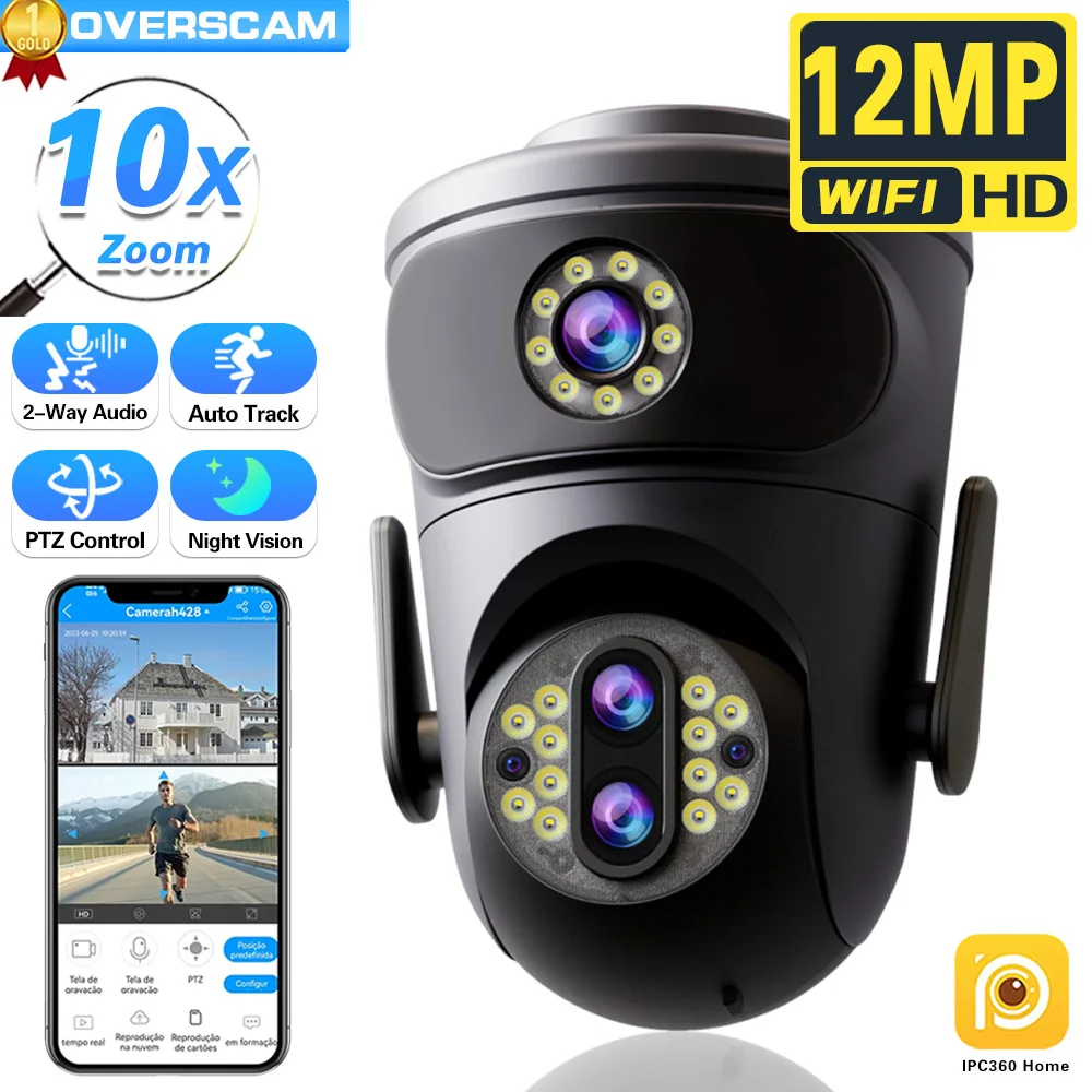 12MP 6K Wifi IP Camera Outdoor 3 Lens 2 Screens 10X Zoom Surveillance Camera Human Detection Tracking CCTV Security IPC360 Home