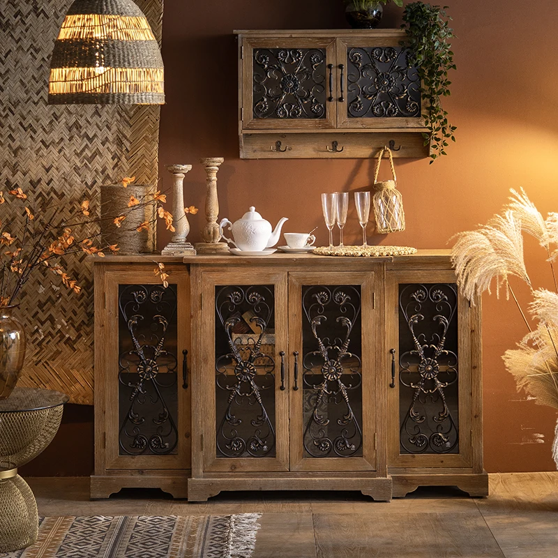 

Retro American side cabinet, entrance cabinet, homestay old TV cabinet, solid wood carving flower wall decoration, living room