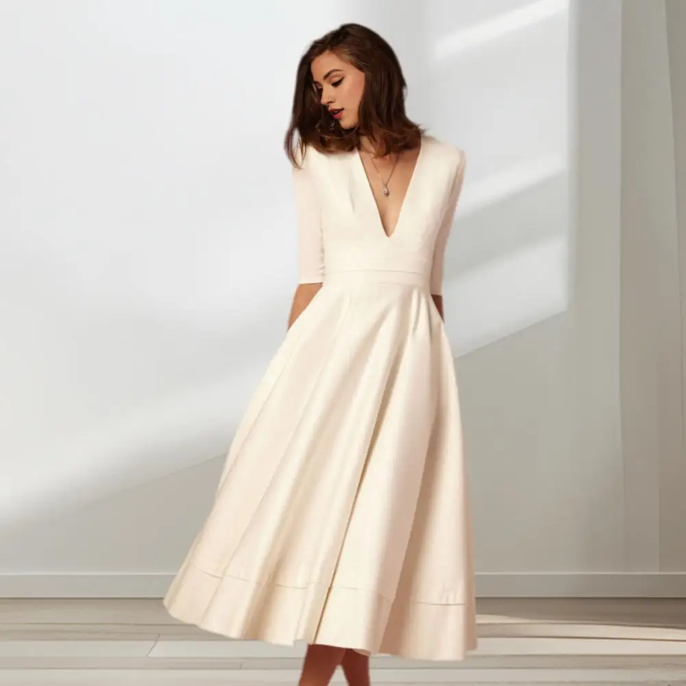 Women Midi Dress Fashion Vacation Party Dresses Half Sleeves Deep V Neck A-line Flowy Hem Dress Pure Color Banquet Evening Dress view 2