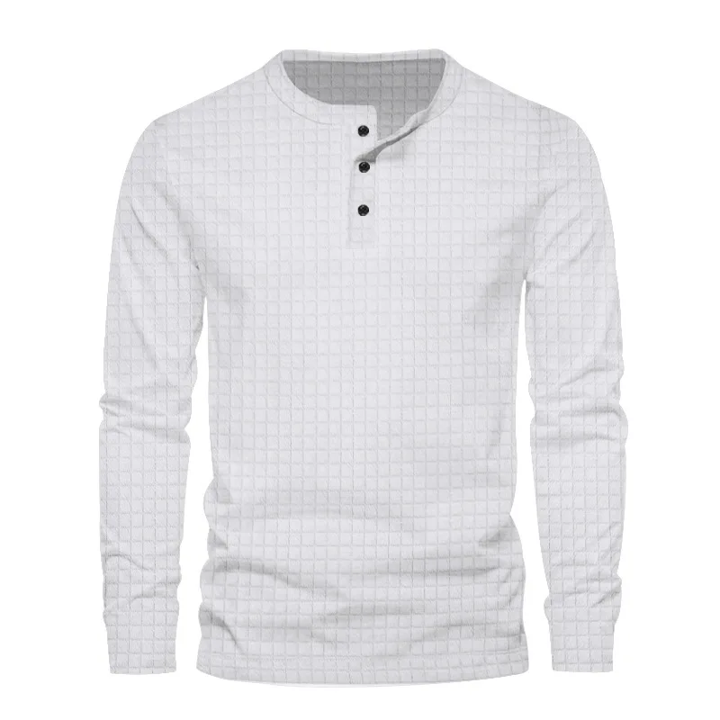 Pop Men's Spring And Autumn Leisure Long Sleeve T-shirt Simple Style Small Plaid Solid Color Buckle Slim Pullover Sweater For Me