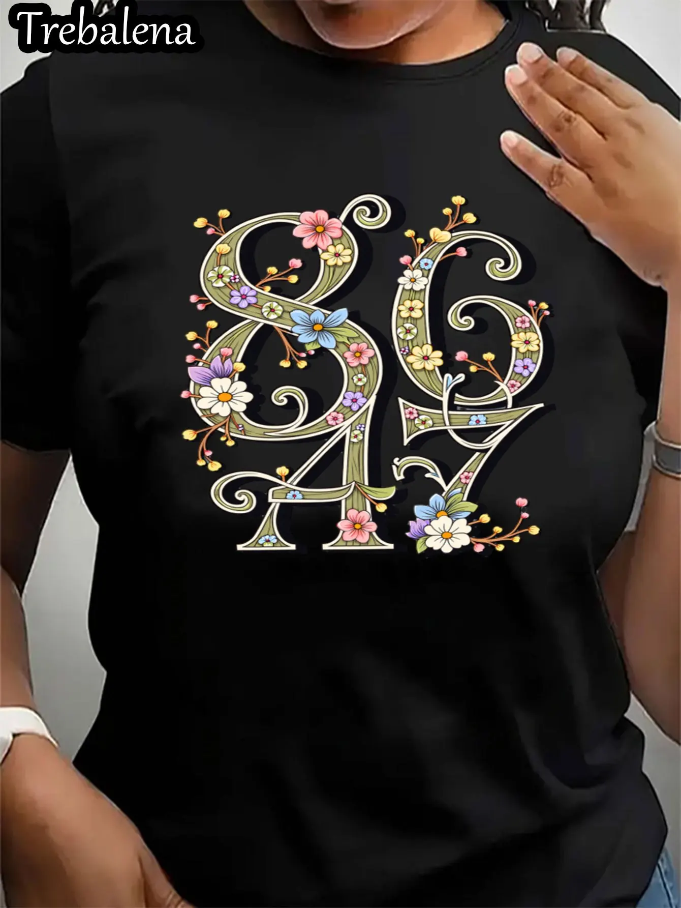 Camiseta feminina plus size floral número 86 e 47 camiseta gráfica camisa preta para mulheres verão casual camiseta casual verão