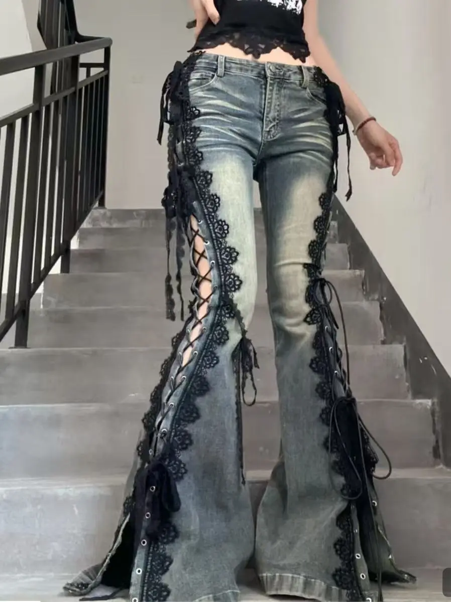 

Осень 2023, новые сексуальные кружевные джинсы с разрезом на бретелях, женские новые брюки с низкой талией, облегающие бедра, джинсы Y2k