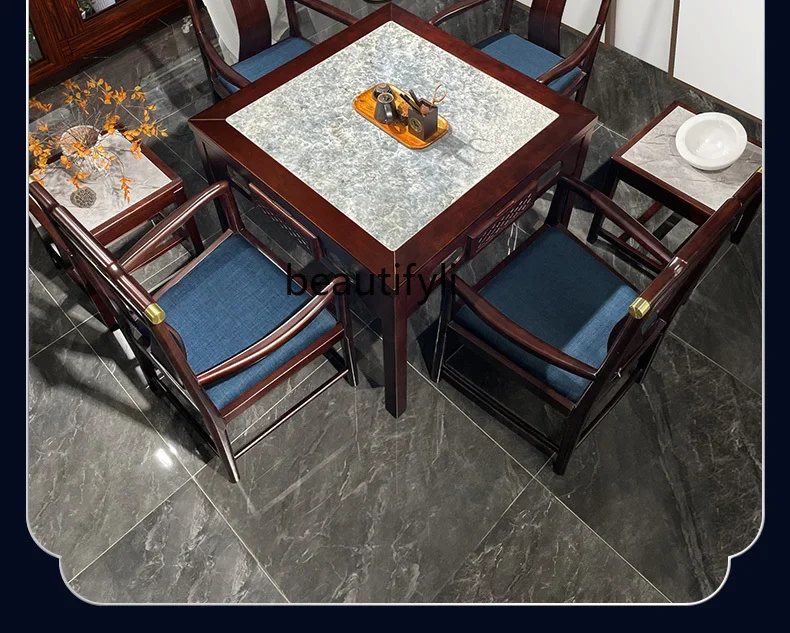 V New Chinese Style Stone Plate Solid Wood Mahjong Machine Automatic Dining Table Integrated Multifunctional Mute Household