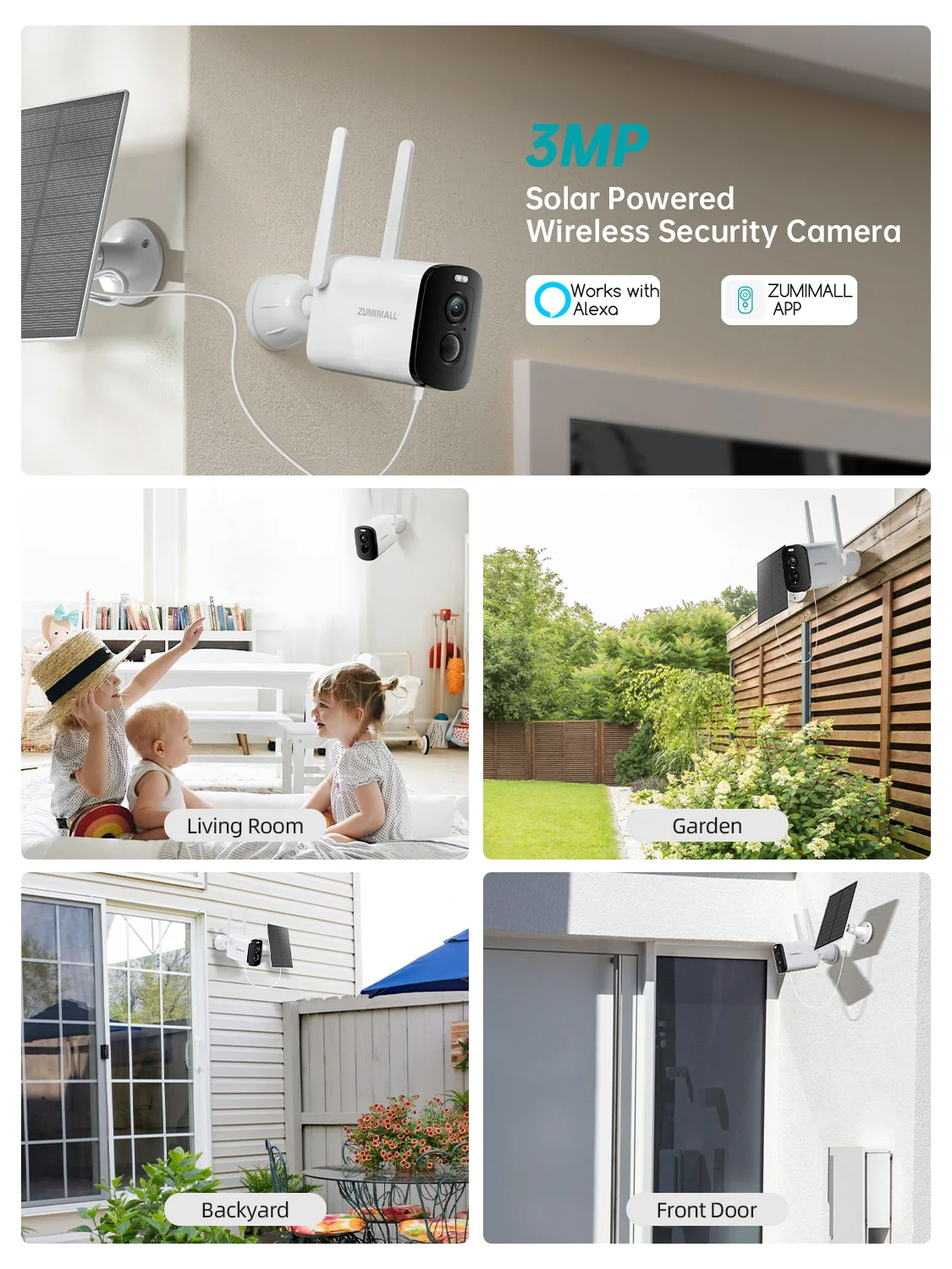 

ZUMIMALL 2K Solar/battery Camera for Home Security, 3MP Color Night Vision, Wireless Outdoor,2.4GHz WiFi, 2-Way Talk,