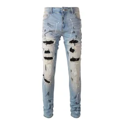 Blue High Street Holes Transparent Crystals Patchwork Stretch Slim Fit Rhinestones Patches Distressed Ripped Graffiti Jeans Men