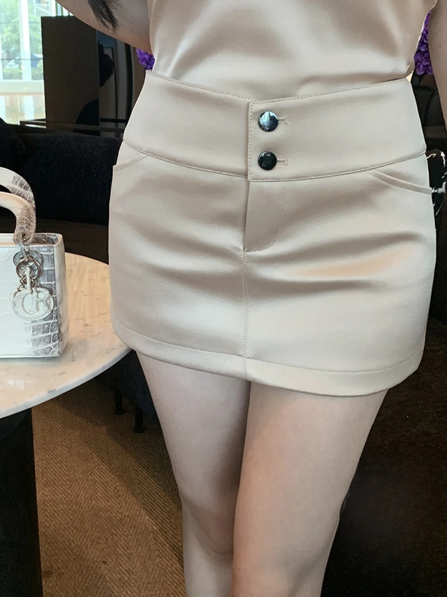 

Короткая юбка Kubiliv Moonlight Lover из утолщенного глянцевого атласа с двойной пряжкой, облегающая, с поясом, А-силуэт, в корейском стиле, для повседневной носки