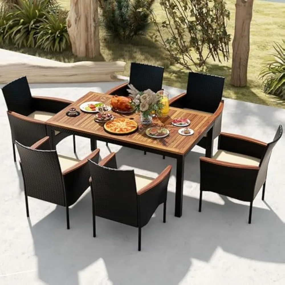 

PE Rattan Wicker Patio Furniture Set with Wood Table & Cushioned Armchairs, 1.96'' Umbrella Hole, Patio Table and Chairs Set