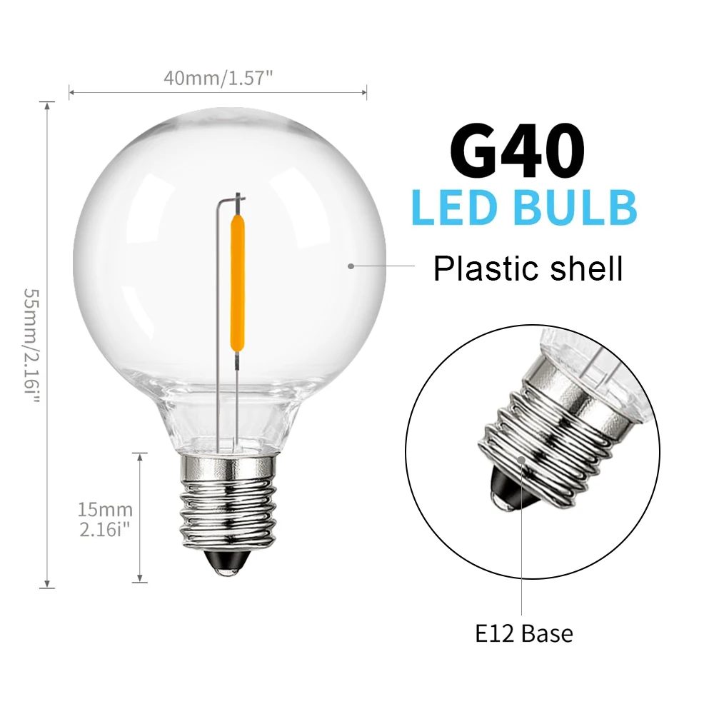 3V G40 Led Light Bulbs Plastic Shatterproof E12 Base Warm White 2700K Low Voltage Replacement Globe Bulb For Solar String Light