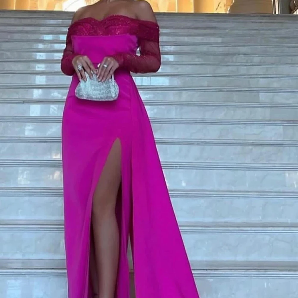 

Customized Classic Sweetheart Off the Shoulder Long Sleeves Panel Train Evening Dress Graceful Pleats Sequined Robe de soirée