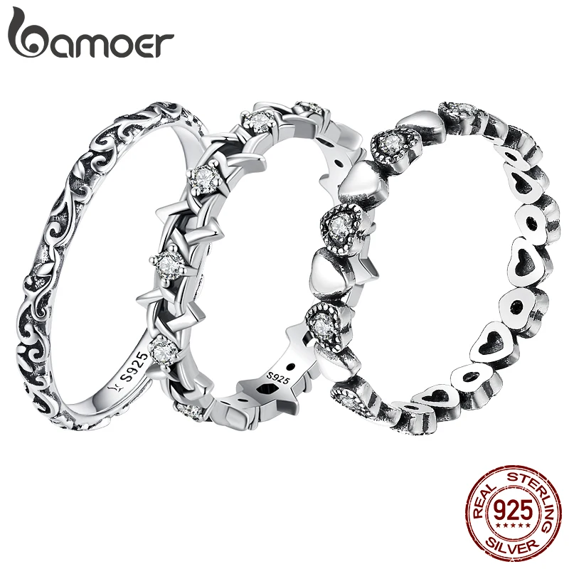 Image of Bamoer Original-Hexagramm-Ring aus 925er-Sterlingsilber, oxidiertes Herz, Vintage-Zirkon, für Damen, Party, stapelbarer Stern, edler Schmuck, Geschenk
