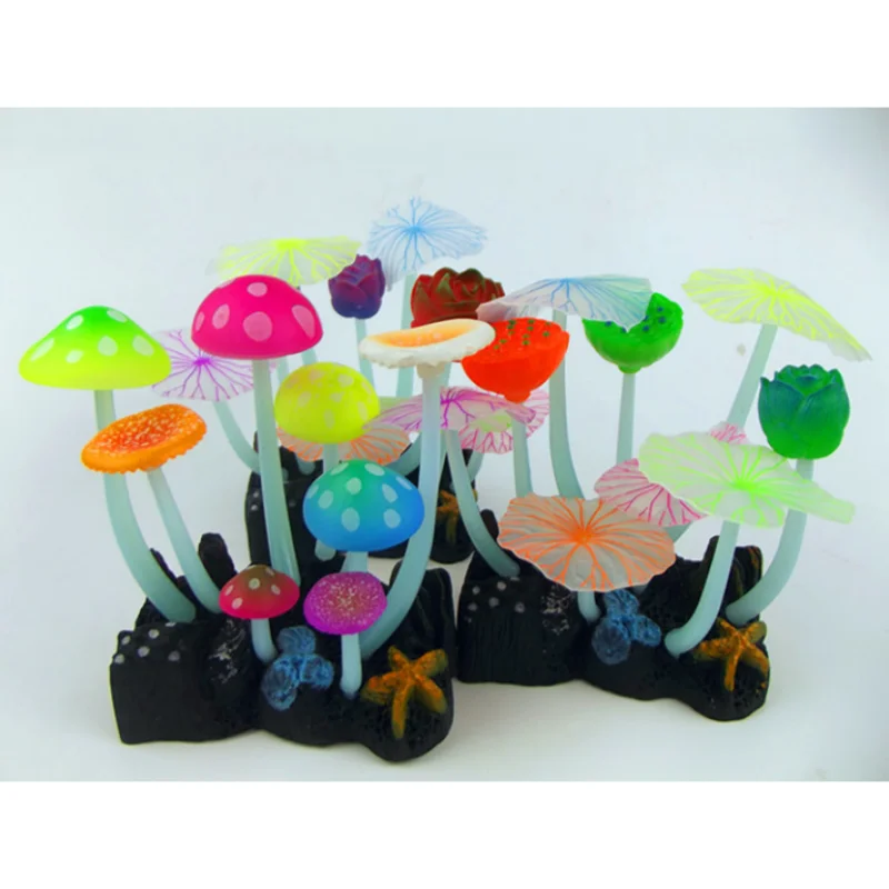 Aquarium Fluorescent Mushroom Lotus Fish Tank Simulation Decoration Water Plant Artificial Luminous Decor Bottom Suction Cup